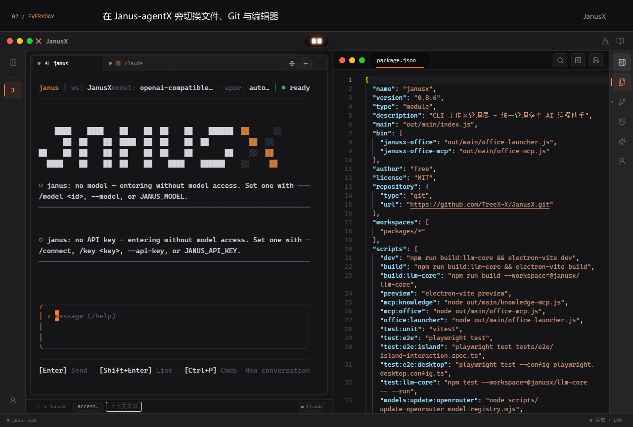 保留 Janus-agentX，切换文件与 Git 面板，将 package.json 嵌入 CLI 旁阅读